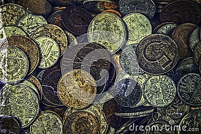Old photo with old coins Stock Photo