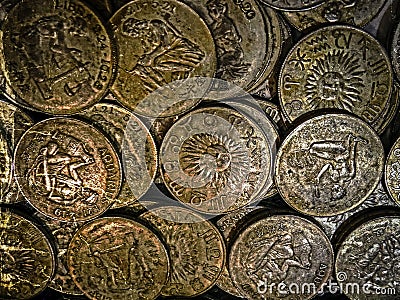 Old photo with old coins Stock Photo