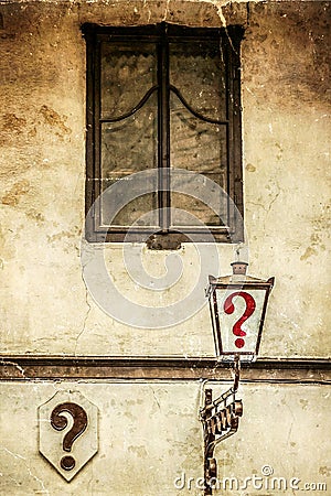 Old photo with question Mark kafana in Belgrade city Stock Photo