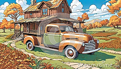 Old pickup vintage country home parked driveway Cartoon Illustration