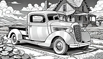 Old pickup vintage monochrome line drawing simple house Cartoon Illustration