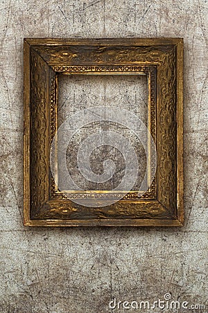 Old picture frame handmade wood on wall ruined background Stock Photo