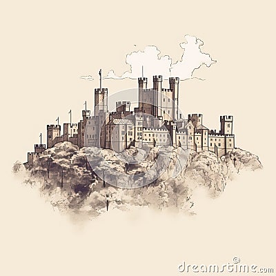 Detailed Foliage: A Sepia-toned Castle On A Hill Stock Photo