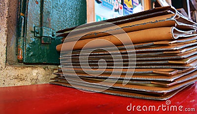 Old pile brown leather menu background Stock Photo