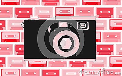 Old pink retro vintage antique hipster obsolete camera with a lens and a diaphragm on the background of a pattern of pink audio ca Vector Illustration