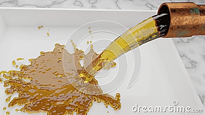 Old pipe pouring colorful liquid into tray sitting on marble floor Stock Photo