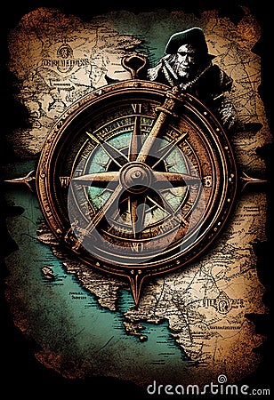 Old pirate compass. AI Generated Stock Photo