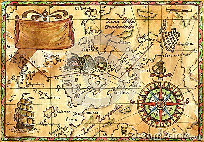 Old pirate map with ship, banner and rose of winds Cartoon Illustration