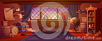 Old pirate ship cabin inside at sunset Vector Illustration