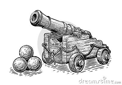 Old pirate ship cannon and cannonballs. Sketch vintage vector illustration Vector Illustration
