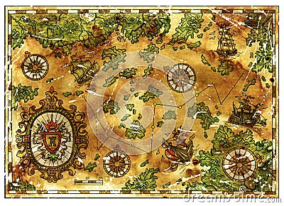 Old pirate treasures map with baroque banner and ancient vessels Cartoon Illustration
