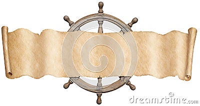 Old pirates map scroll and steering-wheel isolated. Mixed media. Stock Photo