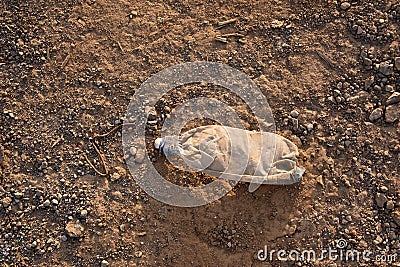 an old plastic bottle lies on the ground, yellow sand and stones on lifeless earth, Stock Photo