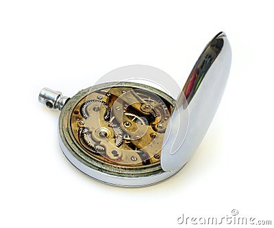 Old pocket watch with open cover of gear Stock Photo