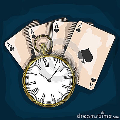 Old pocket watch and playing cards Vector Illustration