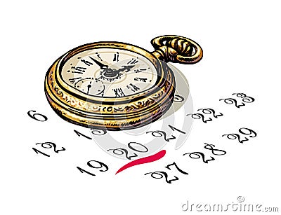 Old pocket watch is sitting on a calendar. Deadline concept. Time and planning. Vector. Vector Illustration