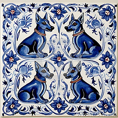 Old portuguese azulejo tiles depicting dogs and flowers Vector Illustration