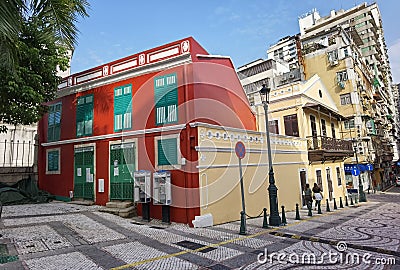 Old Portuguese Macau Colonial Architecture FaÃ§ade Red Green Heritage Mansion Macao St. Lazarusâ€™ Church Cross of Hope Chapel Editorial Stock Photo