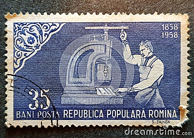 Old postage stamp from Romania circa 1958 shows a worker Editorial Stock Photo