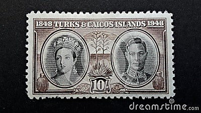 Old postage stamp Turks and Caicos Islands. 10 Shiling. Editorial Stock Photo