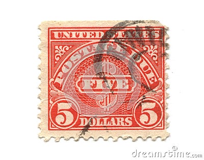 Old postage stamp from USA 5 Dollars Editorial Stock Photo