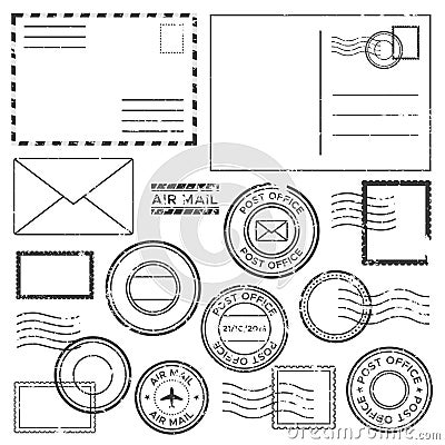 Old postal letter with postmark stamps. Antique airmail letters with plane border mark, mail stamp label and post ink Vector Illustration