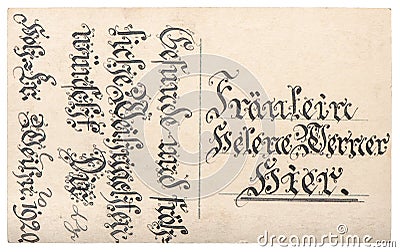 Old postcard handwritten calligraphic text vintage texture background Stock Photo