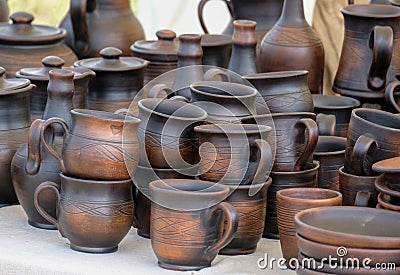 Old pottery on the table Stock Photo