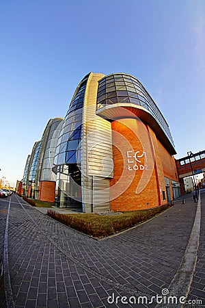 Old power station EC1 in Lodz by fisheye lens - revitalized buildings and machines - EC1 Science and Technology Center Editorial Stock Photo