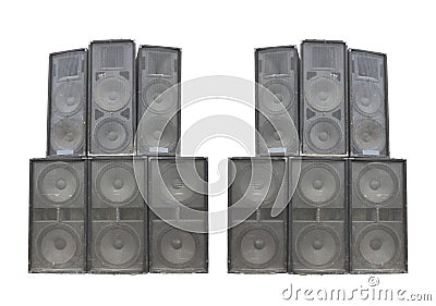 Old powerful stage concerto audio speakers isolated on white Stock Photo