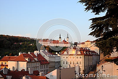 Old Prague street and stairs leading to the Strahov Monastery Stock Photo