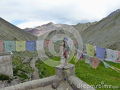 Old prayer flags in the remote mountains of the Valley of Markah in Ladakh, India. Stock Photo