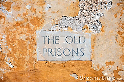 The old prisons sign in the citadel, Gozo. Stock Photo