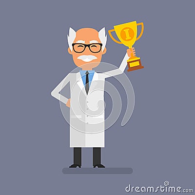 Old professor holding golden cup Vector Illustration