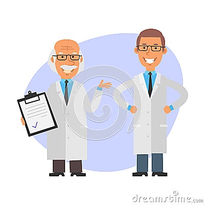 Old professor is holding tablet and smiling. Young scientist holds his hands at his hips and smiles. Vector characters Vector Illustration