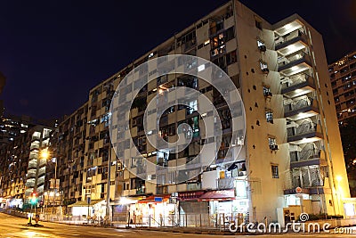 Old public housing in Hong Kong at night Editorial Stock Photo