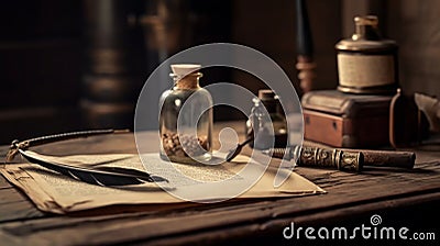 Old quill pen, and old paper blank sheet and vintage inkwell on wooden desk Stock Photo