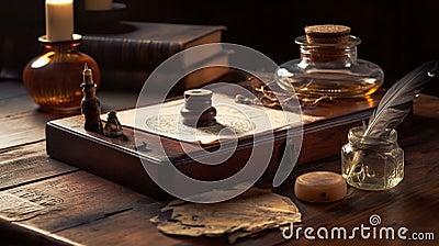 Old quill pen, and old paper blank sheet and vintage inkwell on wooden desk Stock Photo