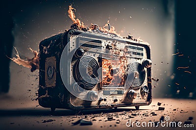 An old radio exploding with fire and sparks, Generative AI Stock Photo