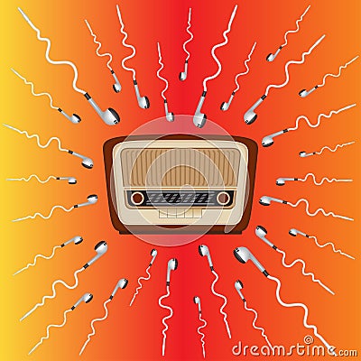 Old radio surrounded headphones aspiring to it. Cartoon Illustration
