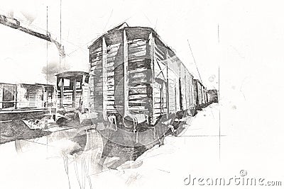 Old railway freight wagon, train, art, illustration, drawing, sketch, antique, retro, vintage. Cartoon Illustration