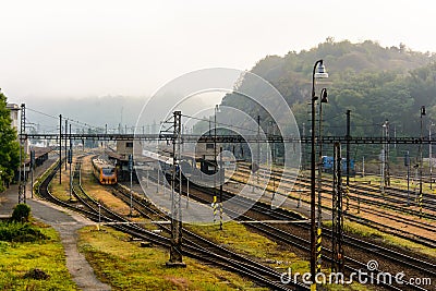 Old railway station in fog in Beroun Stock Photo