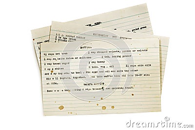 Old Recipes Typed on Index Cards Isolated Stock Photo