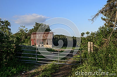 Old red barn on green farmers field Stock Photo