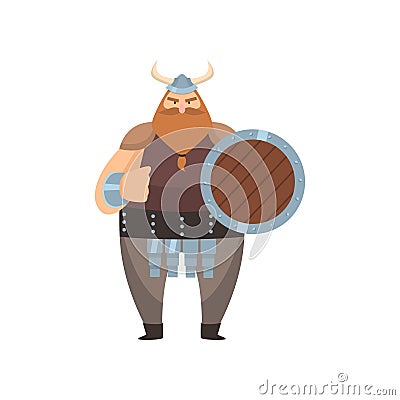 Old red-bearded viking stands with shield and threatens with fist over white background Vector Illustration