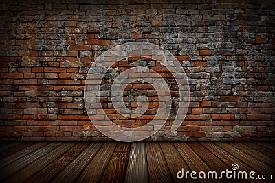 The old red brick walls and wood floors. Stock Photo