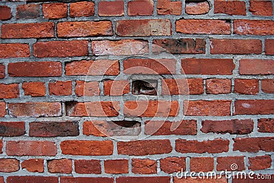 Old red clay brick wall weathered unique gray mortor Stock Photo