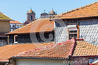 Old red clay roofs tiles in Porto city in Portugal Stock Photo