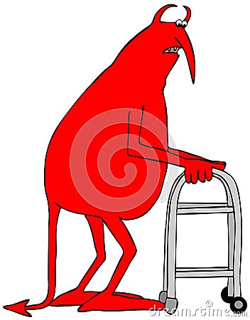 Old red devil using a walker Stock Photo