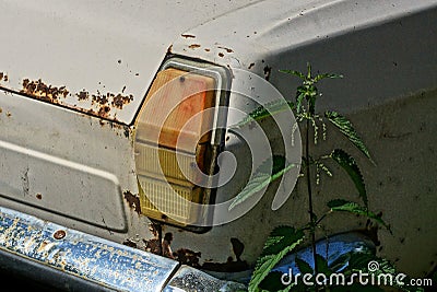 Old red headlight on a gray rusty car Stock Photo